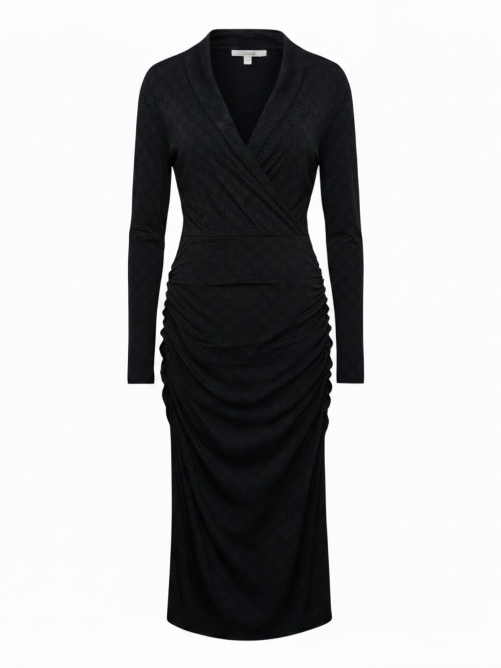 Boden Dark Gray Circle Polka Dot Elegant Ruched Wrap-Front Midi Dress